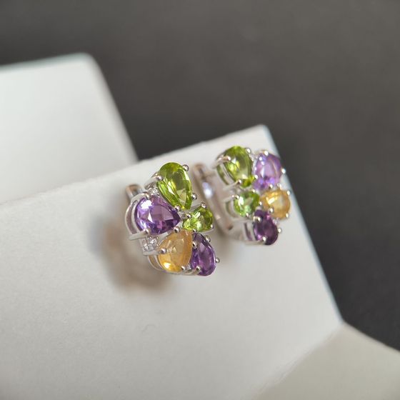 Серебряные серьги с аметистом, хризолітом, цитрином