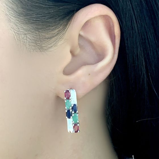 Серебряные серьги с изумрудом, рубином, сапфиром