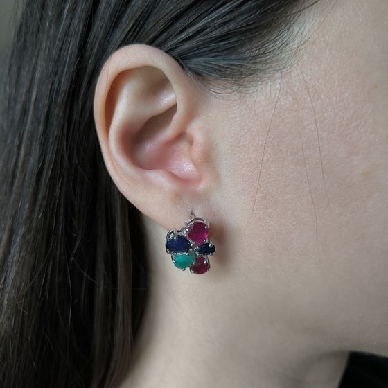 Серебряные серьги с сапфиром 4.05ct, изумрудом, рубином