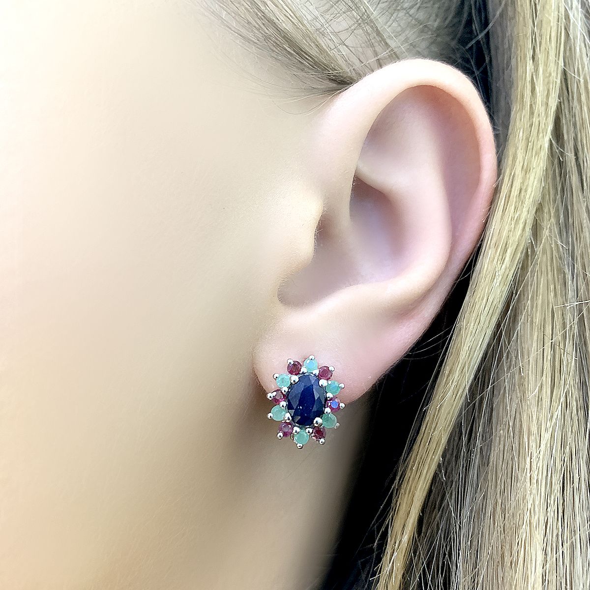 Серебряные серьги с изумрудом 2.608ct, сапфиром, рубином