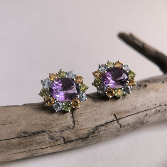 Серебряные серьги с аметистом 7.325ct, цитрином, хризолітом, топазом