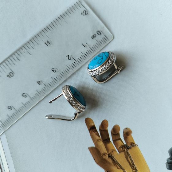 Серебряные серьги с бирюзой, фианитами