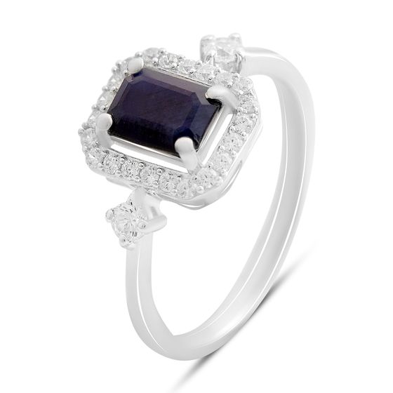 Серебряное кольцо с сапфиром, фианитами