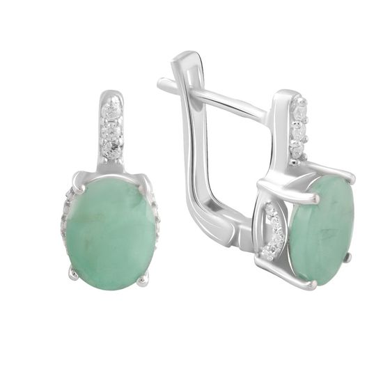 Серебряные серьги с изумрудом, фианитами