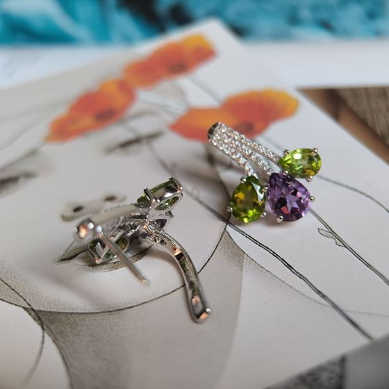 Серебряные серьги с аметистом, хризолітом