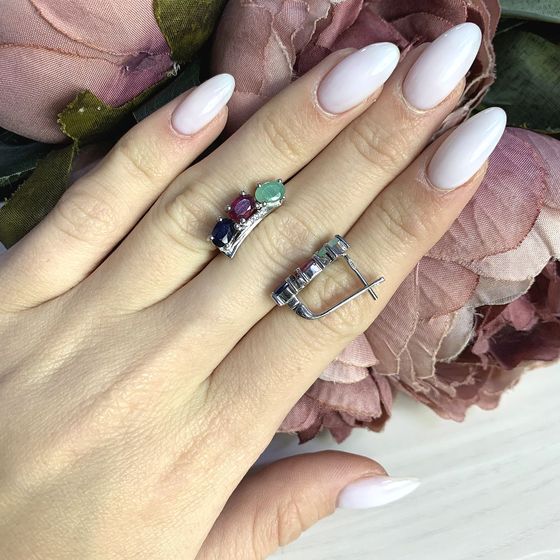 Серебряные серьги с сапфиром 3.632ct, изумрудом, рубином