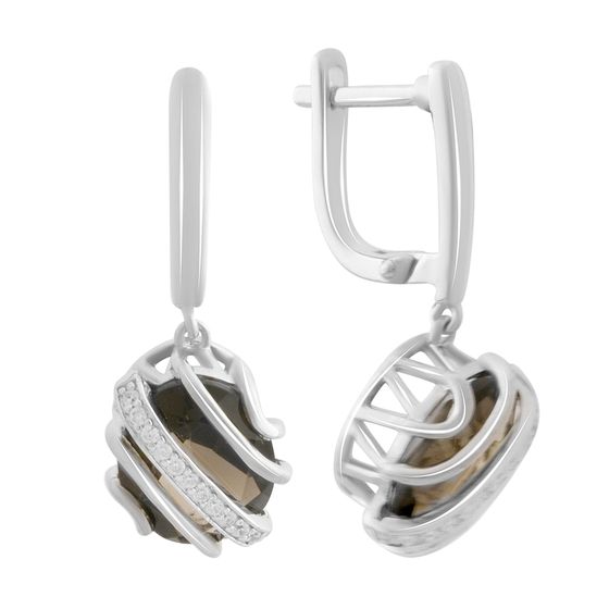 Серебряные серьги с раухтопазом (дымчатым кварцем) 8.502ct, фианитами