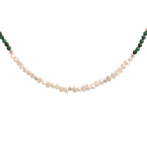 Серебряное колье с жемчугом барочным, зеленим жадеїдом