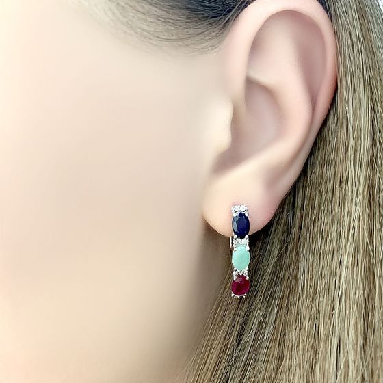 Серебряные серьги с сапфиром 3.704ct, изумрудом, рубином