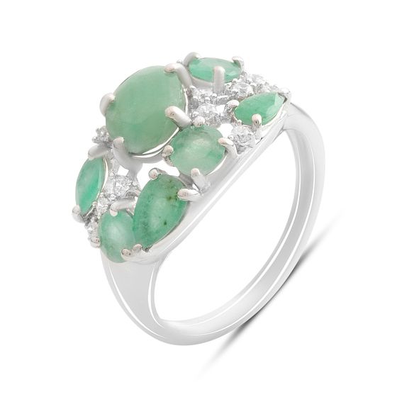 Серебряное кольцо с изумрудом, фианитами