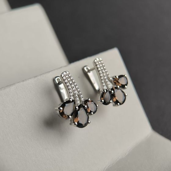 Серебряные серьги с раухтопазом (дымчатым кварцем) 6.183ct, фианитами