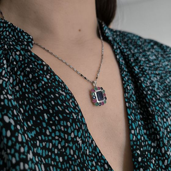 Серебряная подвеска с сапфиром 0.882ct, изумрудом, рубином