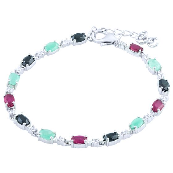 Серебряный браслет с сапфиром 8.4ct, изумрудом, рубином