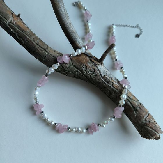 Серебряное колье с жемчугом барочным, кварцем