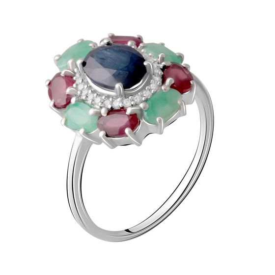 Серебряное кольцо с сапфиром 3.779ct, изумрудом, рубином