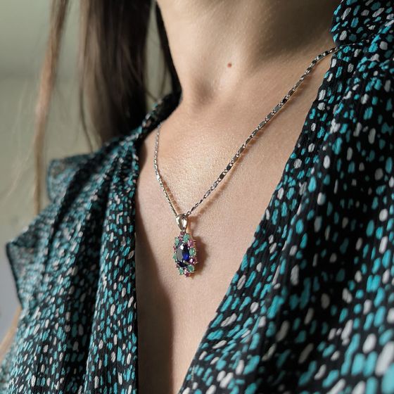 Серебряная подвеска с сапфиром 5.58ct, рубином, изумрудом