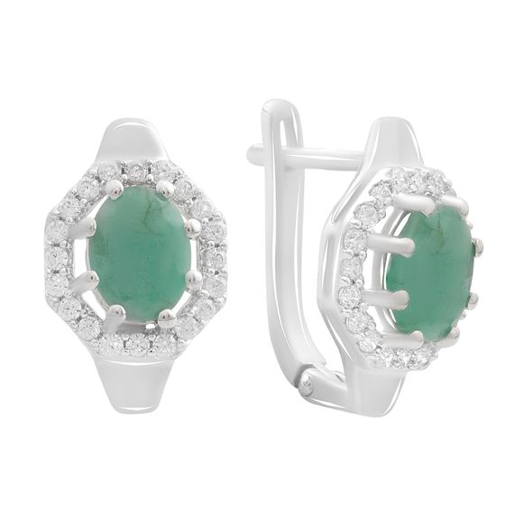 Серебряные серьги с изумрудом, фианитами