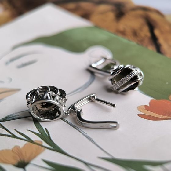 Серебряные серьги с раухтопазом (дымчатым кварцем) 8.502ct, фианитами