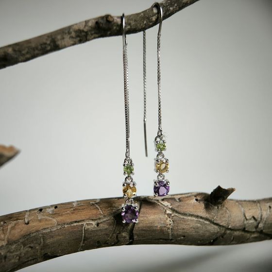 Серебряные серьги с аметистом 1.783ct, цитрином, хризолітом