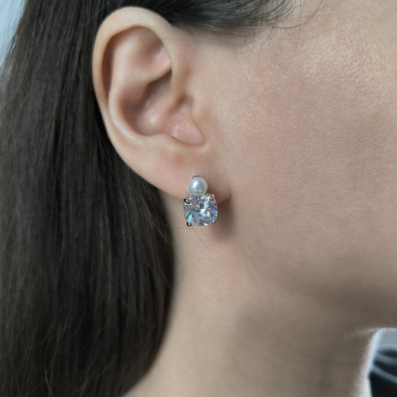 Серебряные серьги с жемчугом, фианитами