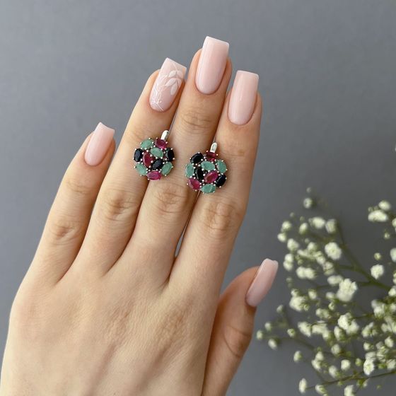 Серебряные серьги с сапфиром 5.878ct, изумрудом, рубином