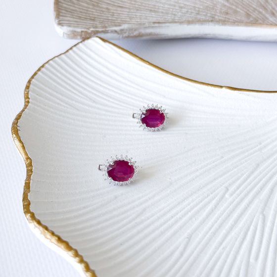 Серебряные серьги с рубином, фианитами