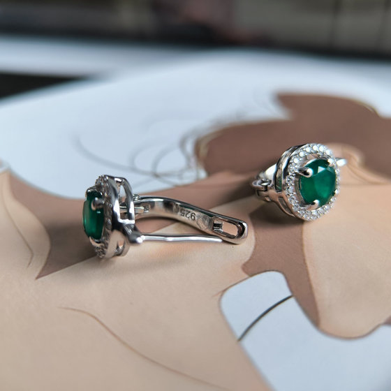 Серебряные серьги с агатом 1.934ct, фианитами