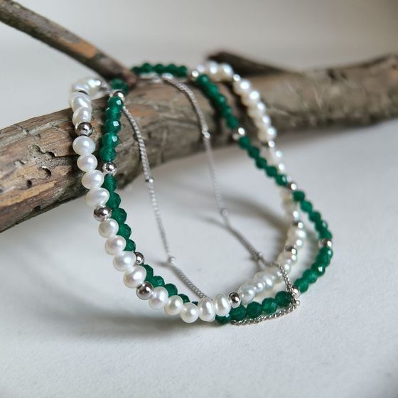 Серебряный браслет с жемчугом барочным, зеленим жадеїдом