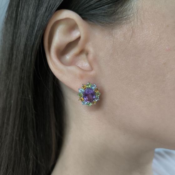 Серебряные серьги с аметистом 7.325ct, цитрином, хризолітом, топазом