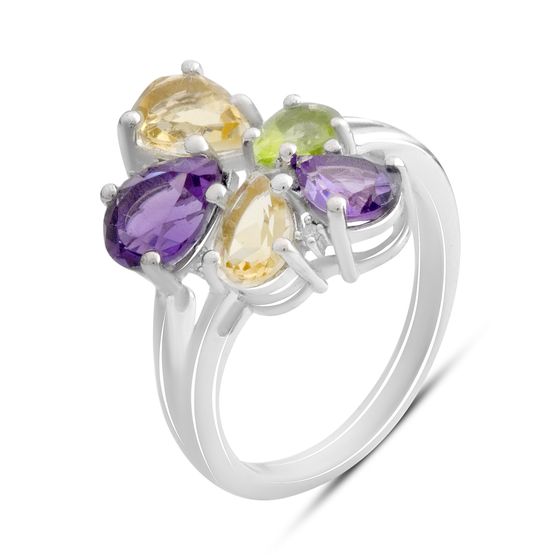 Серебряное кольцо с аметистом, хризолітом, цитрином, фианитами