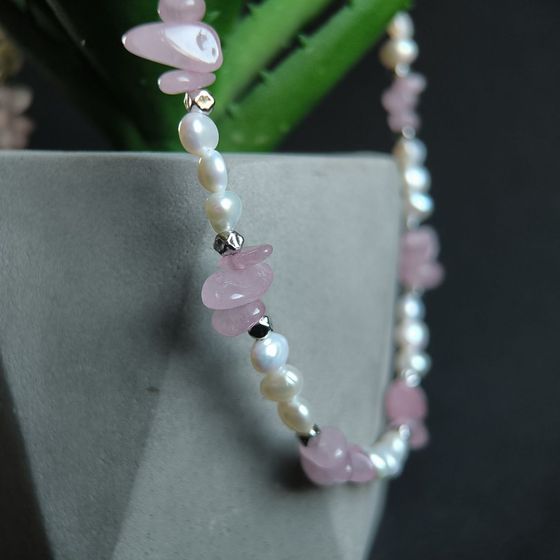 Серебряное колье с жемчугом барочным, кварцем