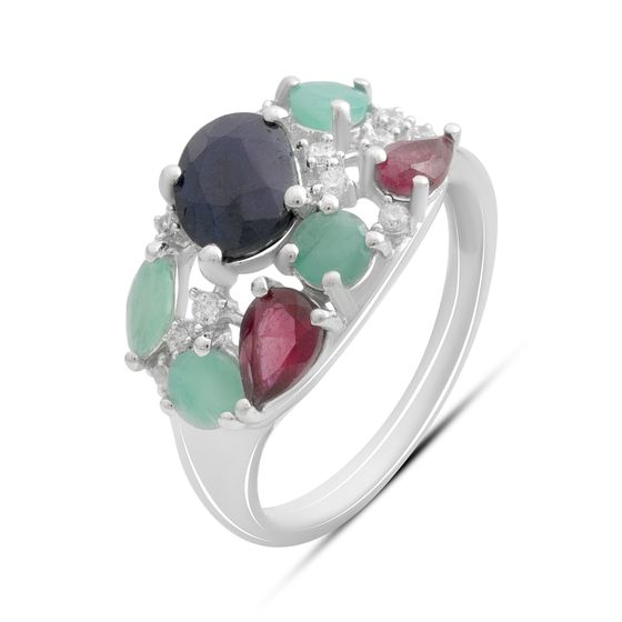 Серебряное кольцо с сапфиром, рубином, изумрудом