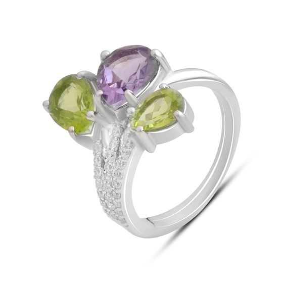 Серебряное кольцо с аметистом, хризолітом