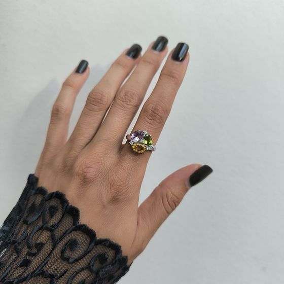 Серебряное кольцо с аметистом 3.306ct, цитрином, хризолітом