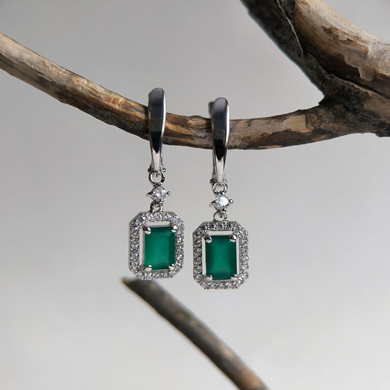 Серебряные серьги с агатом 3.036ct, фианитами