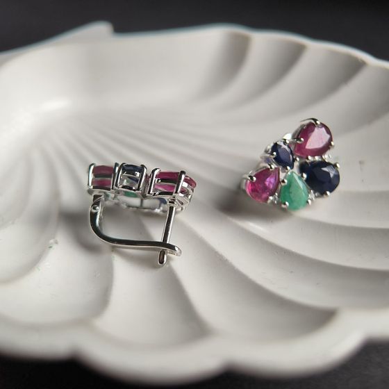 Серебряные серьги с сапфиром 4.05ct, изумрудом, рубином