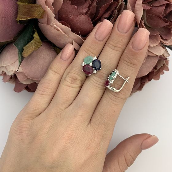 Серебряные серьги с сапфиром 8.813ct, изумрудом, рубином