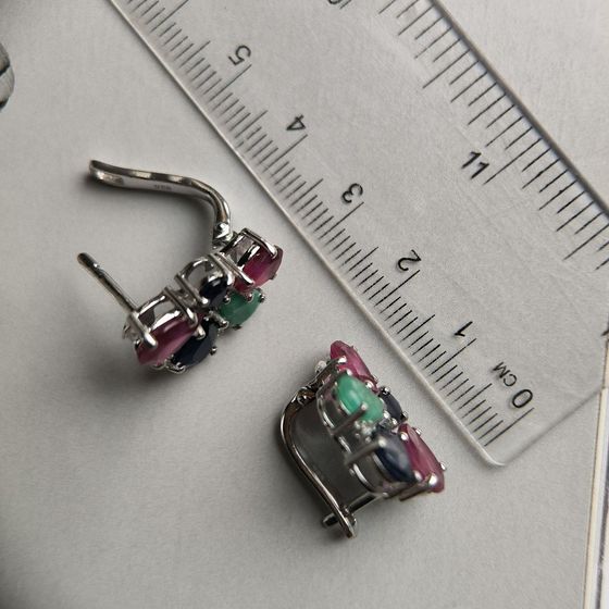 Серебряные серьги с сапфиром 4.05ct, изумрудом, рубином