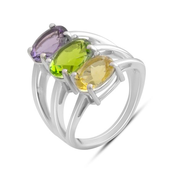 Серебряное кольцо с аметистом, хризолітом, цитрином
