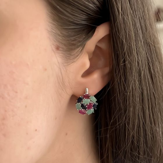 Серебряные серьги с сапфиром 5.878ct, изумрудом, рубином