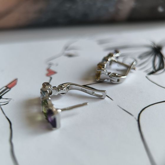 Серебряные серьги с аметистом 3.007ct, цитрином, хризолітом