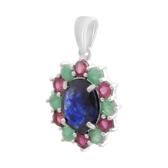 Серебряная подвеска с сапфиром 5.58ct, рубином, изумрудом