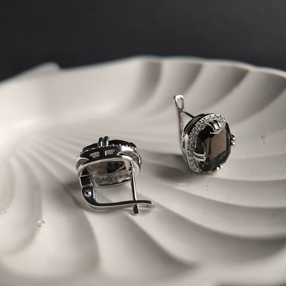 Серебряные серьги с раухтопазом (дымчатым кварцем) 10.657ct, фианитами