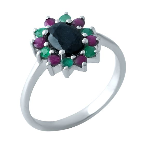 Серебряное кольцо с изумрудом 1.292ct, сапфиром, рубином