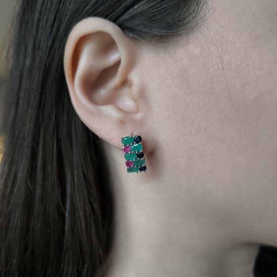 Серебряные серьги с сапфиром 4.05ct, изумрудом, рубином