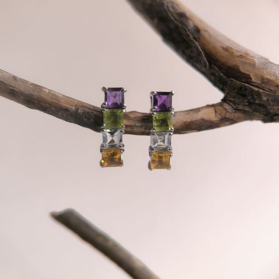 Серебряные серьги с аметистом 3.007ct, цитрином, хризолітом