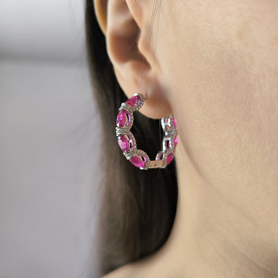 Серебряные серьги с рубином 14.169ct, фианитами
