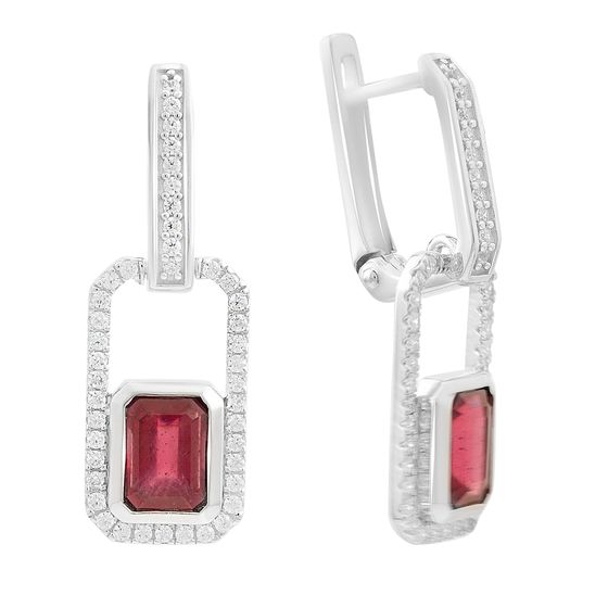 Серебряные серьги с рубином 3.626ct, фианитами