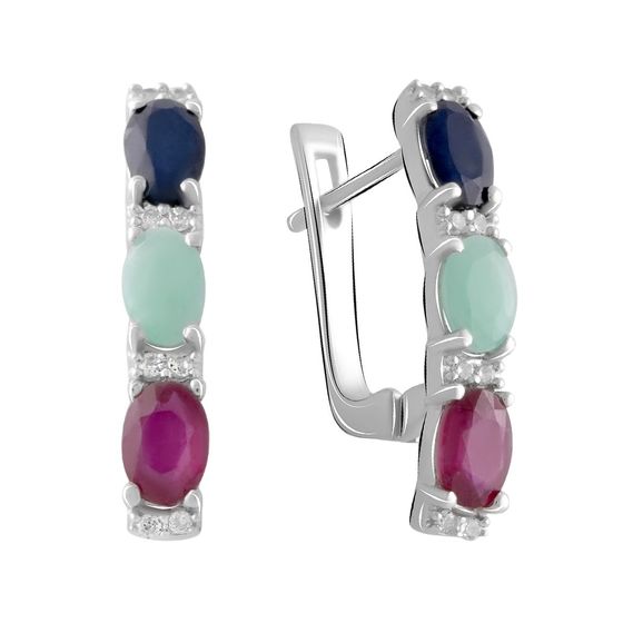 Серебряные серьги с сапфиром 3.704ct, изумрудом, рубином
