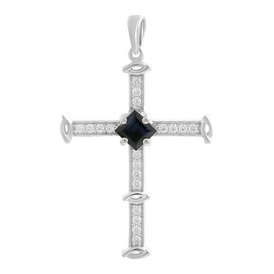Серебряный крестик с сапфиром 1.334ct, фианитами